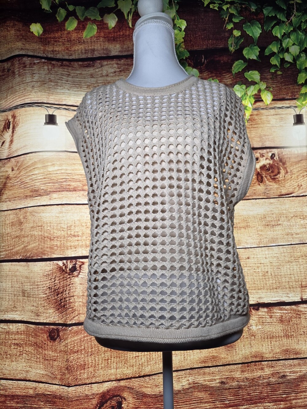 Steve Madden Beige Open-Knit Sleeveless Crop Top